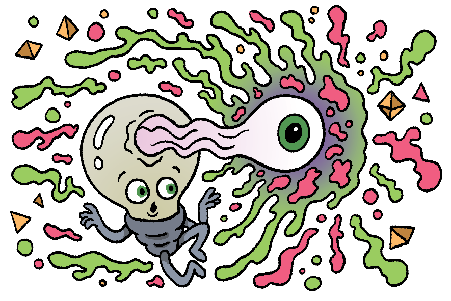 Cartoon lightbulb character. He has three eyes. The third eye is being pulled into some sort of psychedelic vortex.