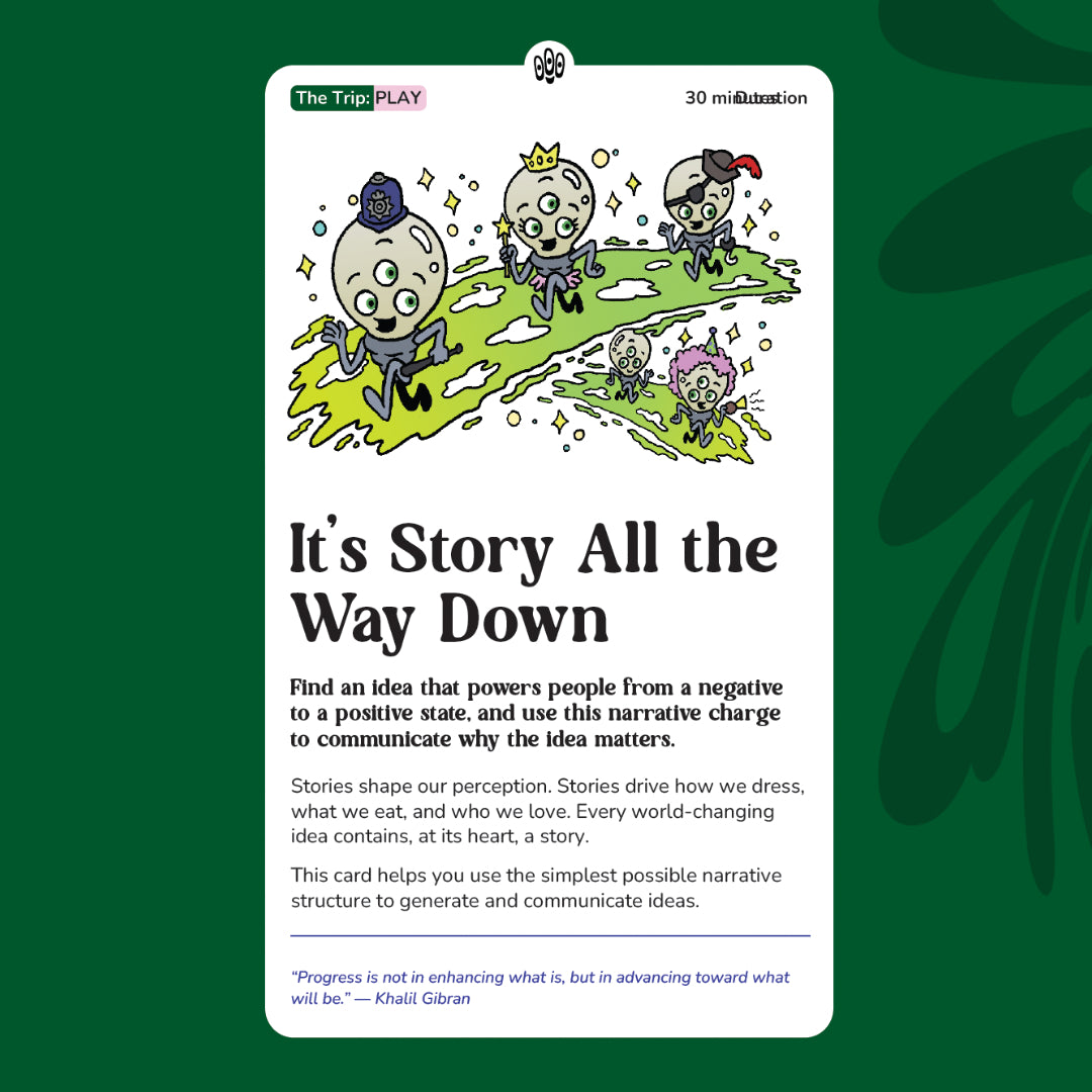 Front of a card titled 'It's Story All the Way Down". The card says it helps you use narrative to generate and communicate ideas. 