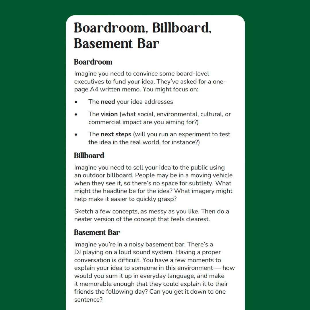 Instructions on the back of the 'Boardroom, Billboard, Basement Bar' card. 