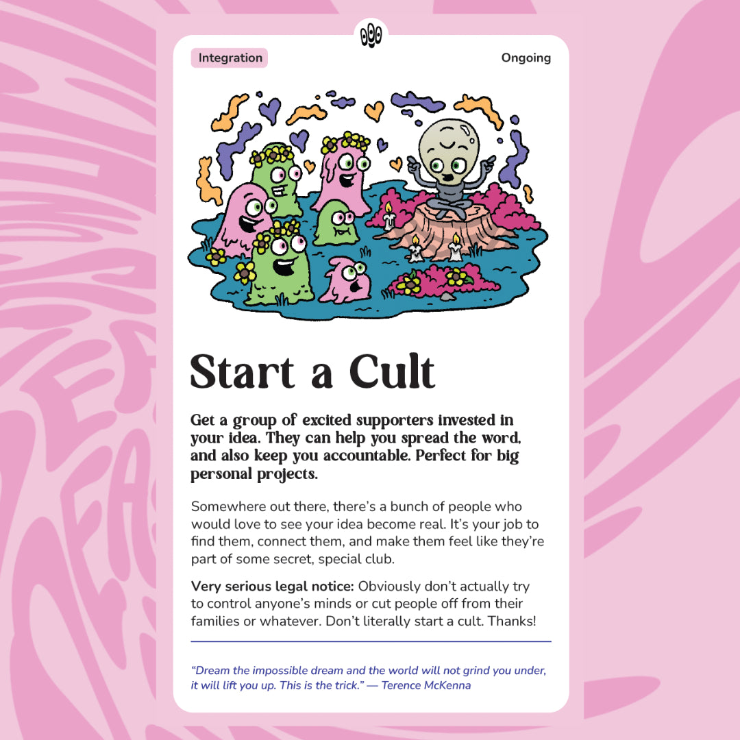 Card titled 'Start a Cult'. It includes a legal disclaimer that you shouldn't literally start a cult. 